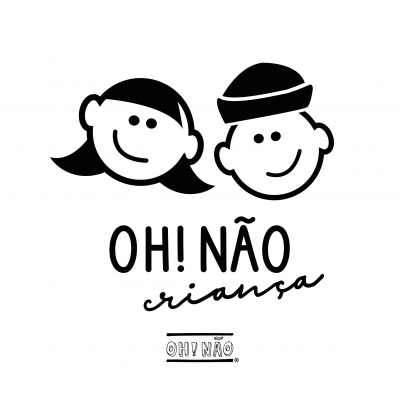 Ilustração de duas crianças e texto OH! NÃO criança em preto e branco