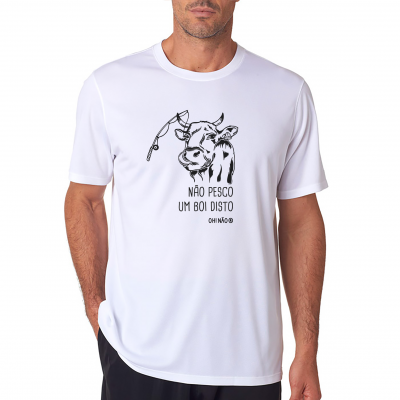 T-shirt branca com desenho e texto em preto de cabeça de boi e frase positiva