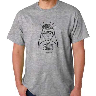 T-shirt cinzenta com desenho preto e texto 