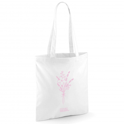 Saco de tecido branco com estampa cor-de-rosa de flores e texto GOOD MOOD