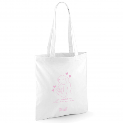Saco de tecido branco com ilustração e texto cor de rosa