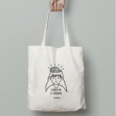 Saco de pano branco com ilustração e texto 