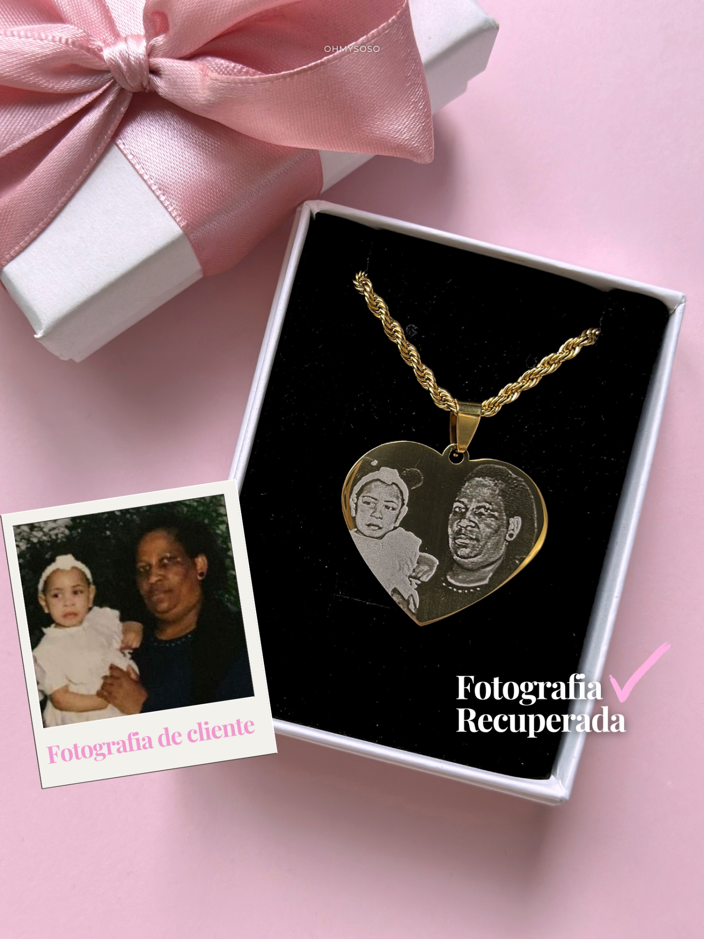 Photo Fix Colar dourado com pendente em forma de coração e fotografia gravada, dentro de caixa branca com laço rosa