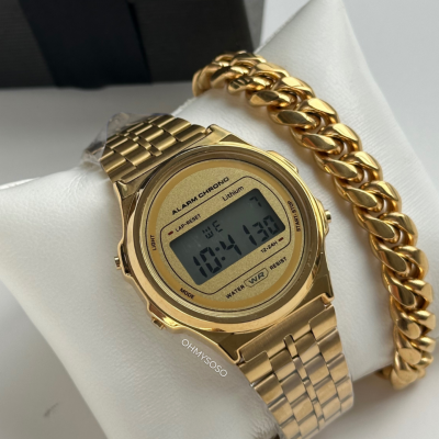Relógio digital dourado com pulseira metálica e pulseira dourada de elos