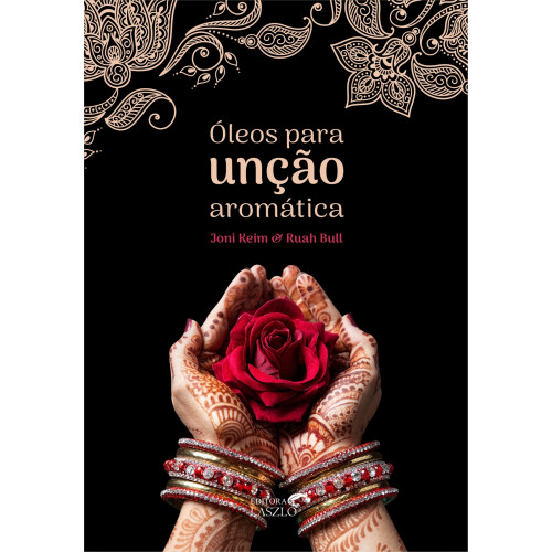 Mãos com henna segurando rosa vermelha em fundo preto com texto de capa de livro