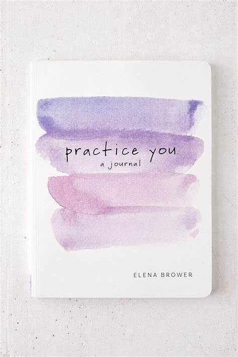 Practice You - a journal Caderno com capa branca e faixas roxas, texto 'practice you a journal' e 'ELENA BROWER'.