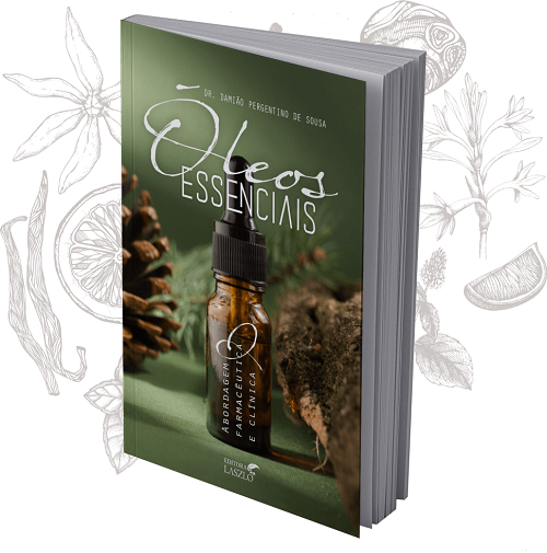 Óleos Essenciais - Abordagem Farmacêutica e Clínica Capa de livro verde com frasco âmbar e texto sobre óleos essenciais.