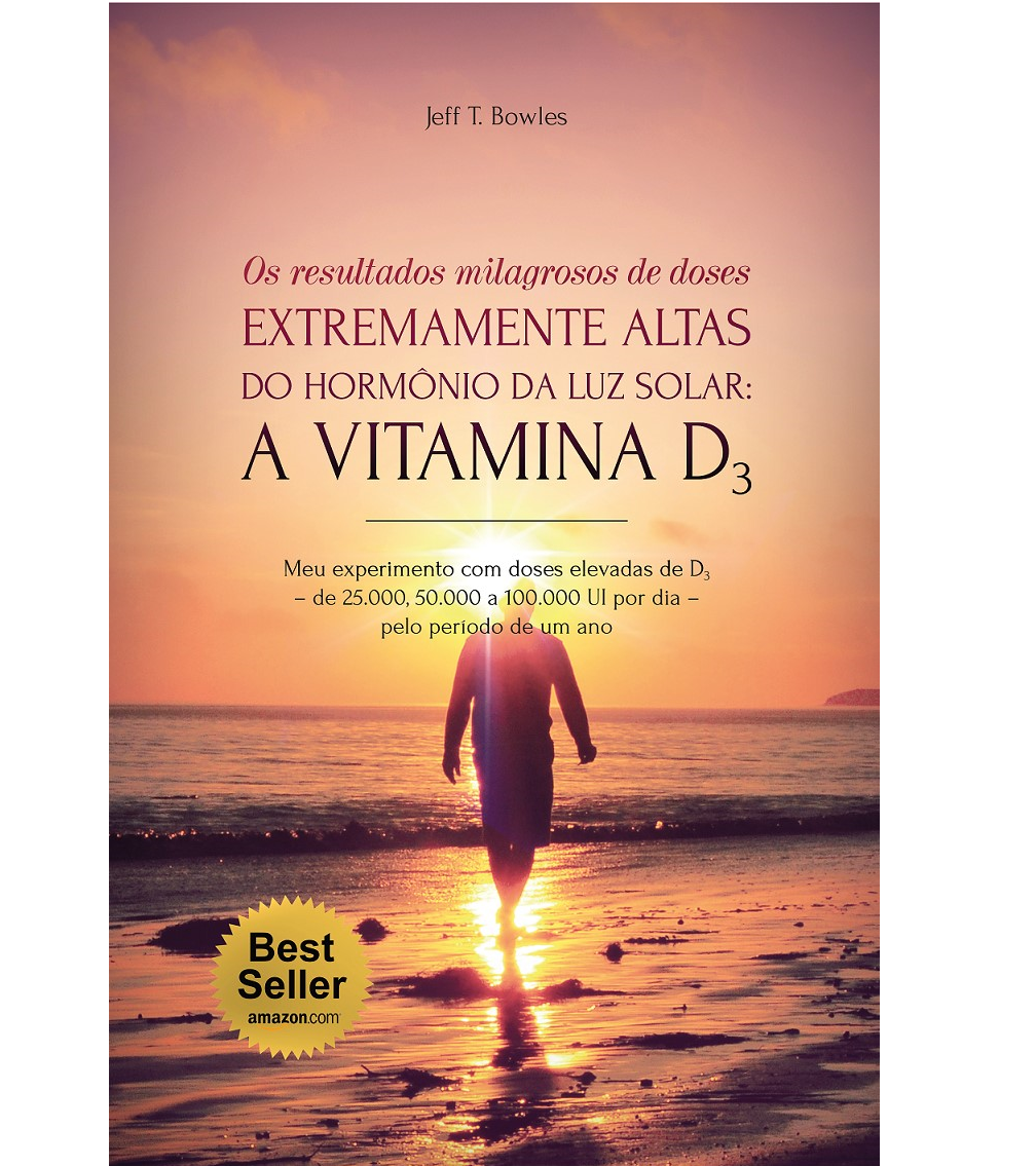 A Vitamina D3 Livro sobre vitamina D3 com fundo de pôr do sol e figura na praia
