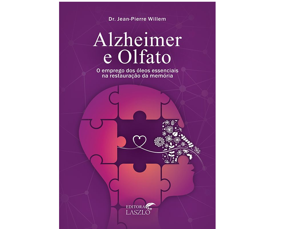 Alzheimer e Olfato Capa de livro roxa com texto Alzheimer e Olfato e imagem de perfil de rosto em puzzle