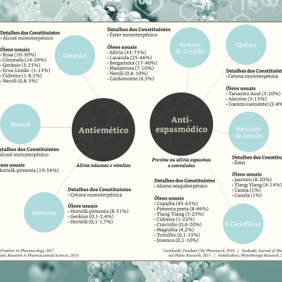 Infográfico detalhado sobre remédios antieméticos e antiespasmódicos com constituintes e percentagens de óleos essenciais