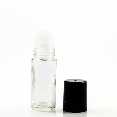 Frasco roll-on de vidro transparente com tampa preta