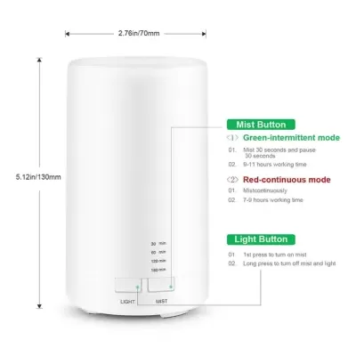 Difusor branco ultrasónico com botões LIGHT e MIST e instruções de uso