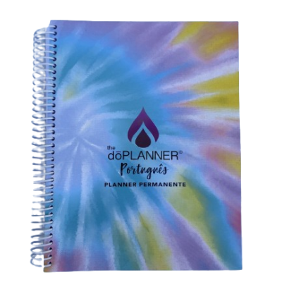 Planner permanente com capa tie-dye colorida e texto impresso