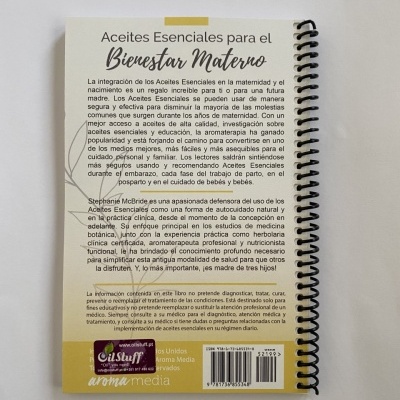 Livro intitulado Aceites Esenciales para el Bienestar Materno com capa branca e amarela