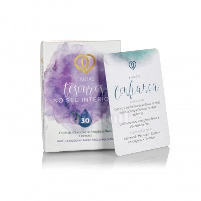 Cartas de Afirmações 'Cartas tesouros no seu interior' com design em aquarela roxa e dourada e carta destacada 'Confiança' em azul e verde