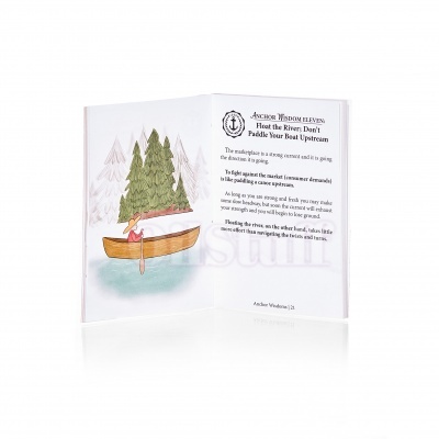 Cartão aberto com ilustração de uma pessoa num barco e texto em inglês