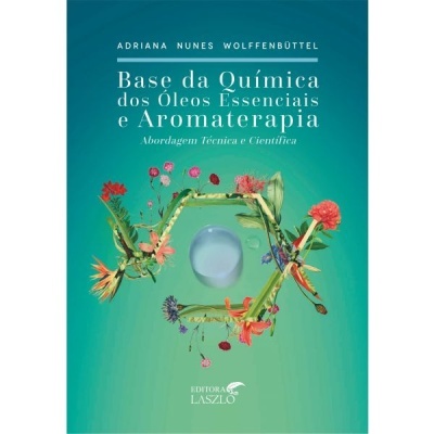 Capa de livro sobre química dos óleos essenciais e aromaterapia com fundo azul-esverdeado e flores