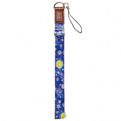 Fita decorativa azul com padrão da 'Noite Estrelada' e detalhes em couro castanho