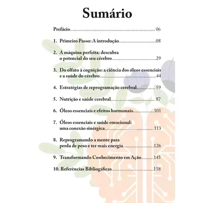 Página de sumário de livro com texto em português e gráficos coloridos ao fundo