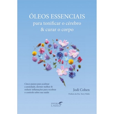 Capa de livro sobre óleos essenciais com fundo azul e flores coloridas