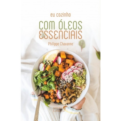 Livro sobre cozinhar com óleos essenciais com imagem de salada colorida numa tigela.