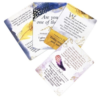 Quatro cartões decorativos com textos motivacionais e ilustrações de penas coloridas.