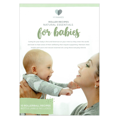 Folheto publicitário MYMAKES para óleos naturais com receitas roller para bebés e imagem de mulher com bebé