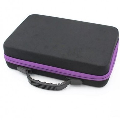 Saco de transporte rígido preto com fecho roxo e pega preta