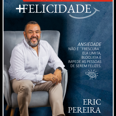 Capa de livro com homem sentado em cadeira cinza e texto promocional sobre ansiedade e felicidade