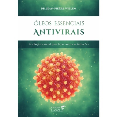 Capa de livro sobre óleos essenciais antivirais com imagem de vírus colorido