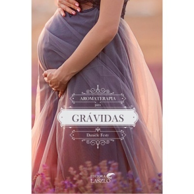 Mulher grávida com vestido lavanda e rosa em campo, capa de livro Aromaterapia para Grávidas.