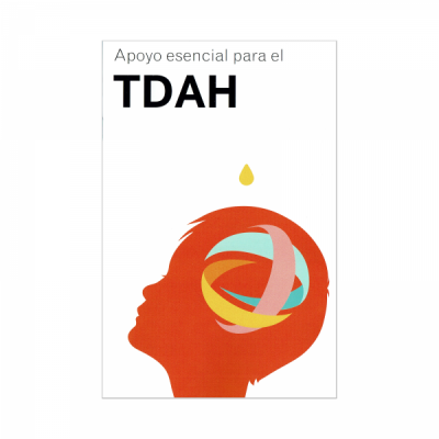 Ilustração de cabeça de criança com elementos coloridos e texto Apoyo esencial para el TDAH