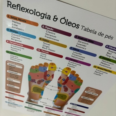 Tabela de reflexologia e óleos para os pés com zonas coloridas e nomes de óleos essenciais em português.
