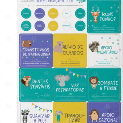 Embalagem colorida com ilustrações de animais e descrições de usos de produtos naturais para bebés