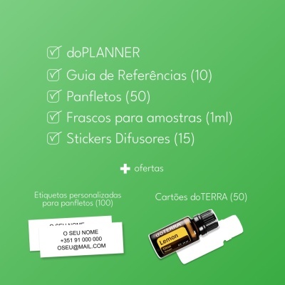 Lista de itens e um frasco de óleo essencial doTERRA Lemon com cartões em fundo verde