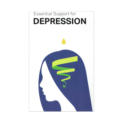 Livro sobre suporte essencial para depressão com ilustração de cabeça e espiral verde