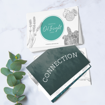 Cartas de óleo essencial Oil Insight com palavra CONNECTION e ilustrações botânicas em fundo branco e azul