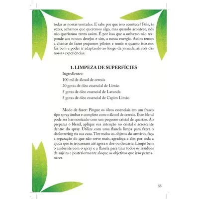 Página de livro com texto sobre limpeza de superfícies e imagem de folhas verdes no topo