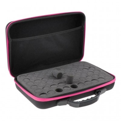 Mala preta com interior em espuma cinza e fecho rosa