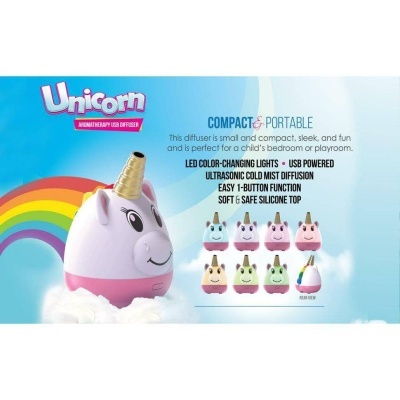 Difusor USB unicórnio compacto e portátil com luzes LED coloridas e topo de silicone.