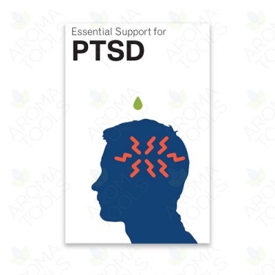 Cartaz com texto 'Essential Support for PTSD' e silhueta azul de cabeça com linhas vermelhas