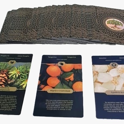 Cartas de baralho com imagens de plantas e texto em português