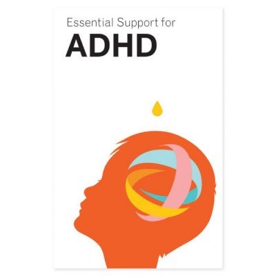 Cartaz branco com texto Essential Support for ADHD e ilustração de cabeça laranja com linhas coloridas