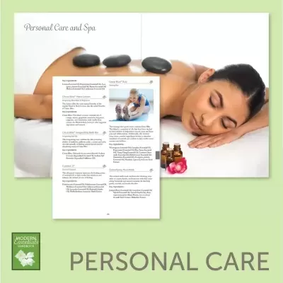 Brochura aberta com mulher a receber massagem e texto 'PERSONAL CARE' no fundo