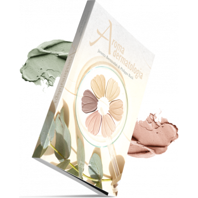 Livro Aroma dermatologia com imagem circular de pétalas e amostras de creme verde e rosa