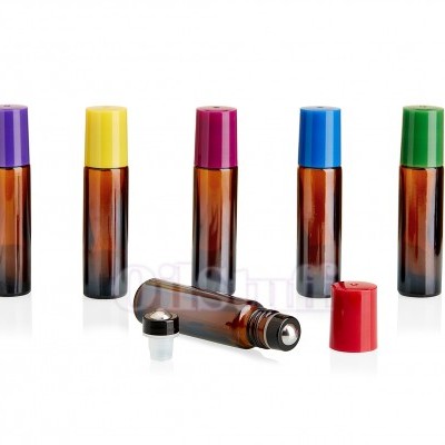 Frascos de vidro âmbar com tampas coloridas para rolamento em rolo