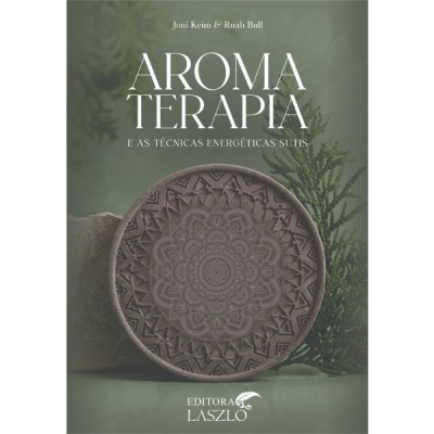 Livro sobre aromaterapia com capa verde e mandala castanha