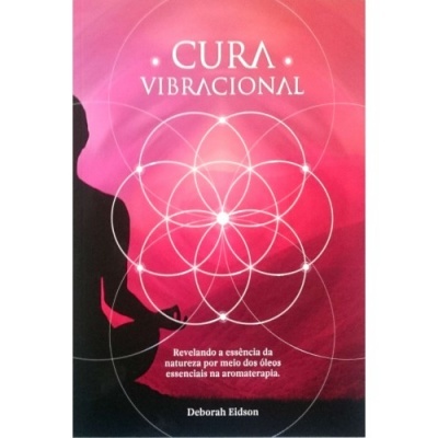 Capa de livro rosa e vermelha com título CURA VIBRACIONAL e design geométrico branco