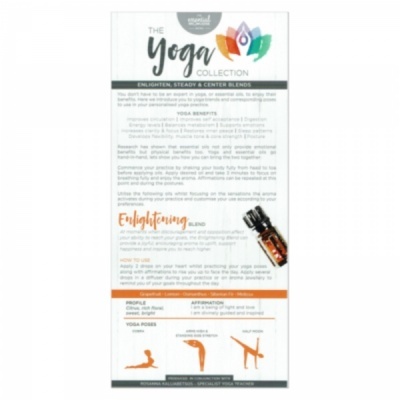 Embalagem à vertical para coleção de óleos essenciais Yoga com texto e ilustrações de yoga