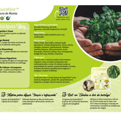 Embalagem do produto SuperMint™ mistura de menta com texto em português e imagens de folhas de menta e pastilhas.
